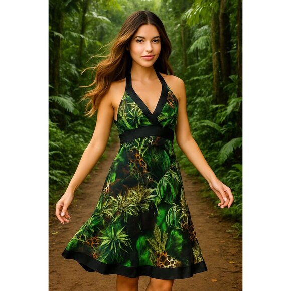Cache Size Medium Green Jungle Print Silk Halter Dress Tropical Chic Resort Core - Picture 1 of 15
